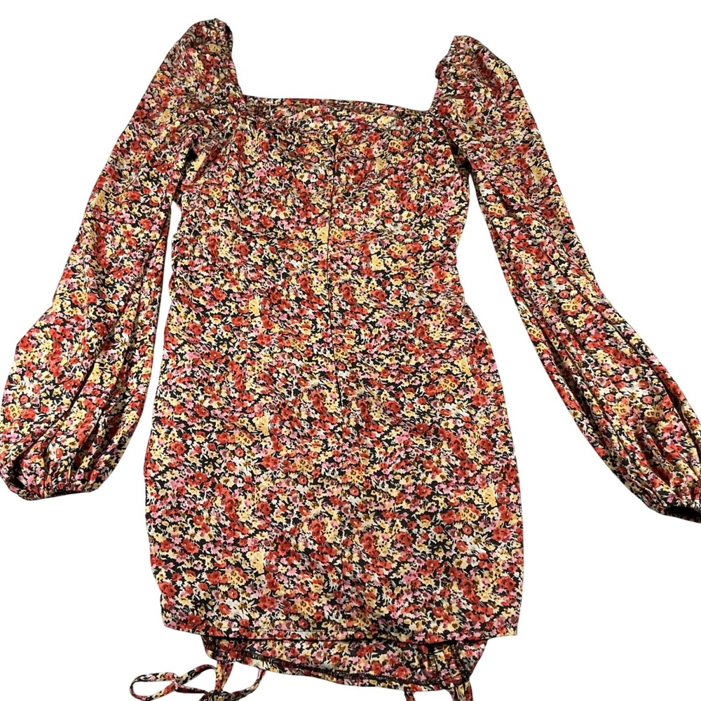 PrettyLittleThing Floral Ruched Mini Dress Long Sleeve Cottagecore Boho Size 10 - Picture 4 of 13